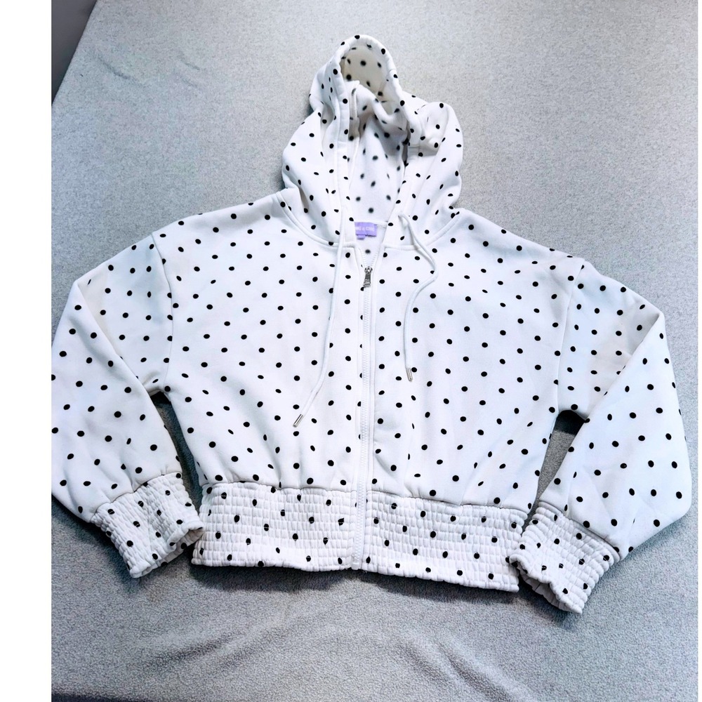 Young & Chic Women XL White Black Polka Dot Cropped Hoodie Zip Front Smocked Hem